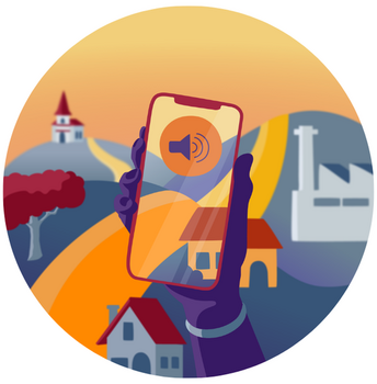 vhs Hörpfade - Handy mit Landschaft