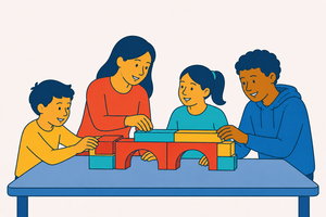 Kinder und Jugendliche bauen gemeinsam mit einer Kursleiterin eine Brücke aus Bausteinen.
