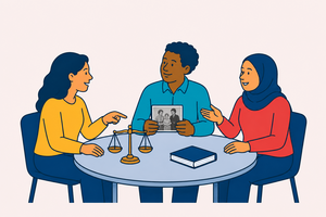 Drei Erwachsene sprechen über Geschichte und Recht.