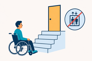 Ein Rollstuhlfahrer steht vor einer Treppe. Der Kursraum hat keinen Aufzug.