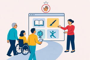 Eine Mitarbeiterin begrüßt verschiedene Menschen auf der Website der Volkshochschule.